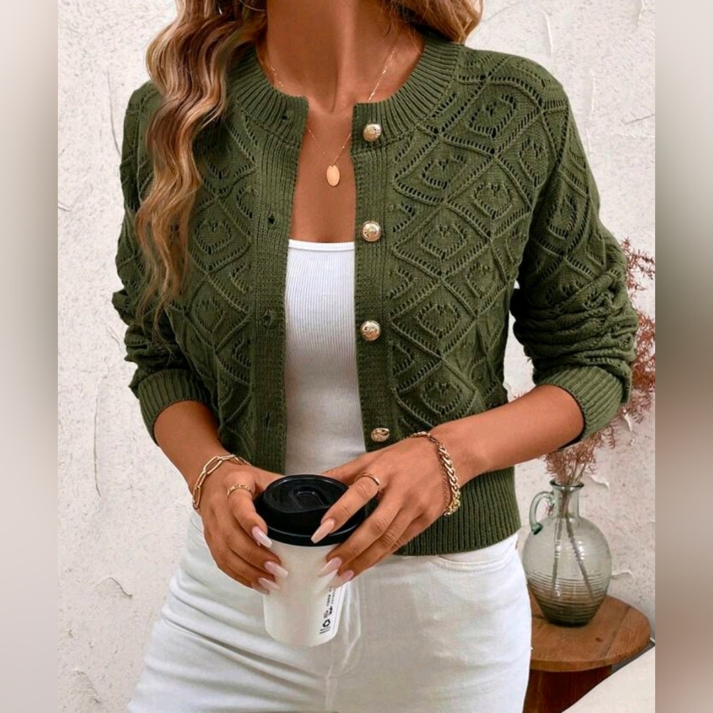New Pointelle Knit Button Up Cardigan Sweater Olive Green